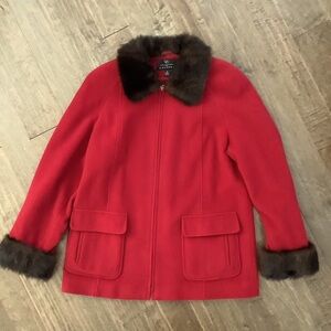 Collection by Gallery, Vintage Red Wool Blend Coat, Faux Fur at Cuffs/ collar, M